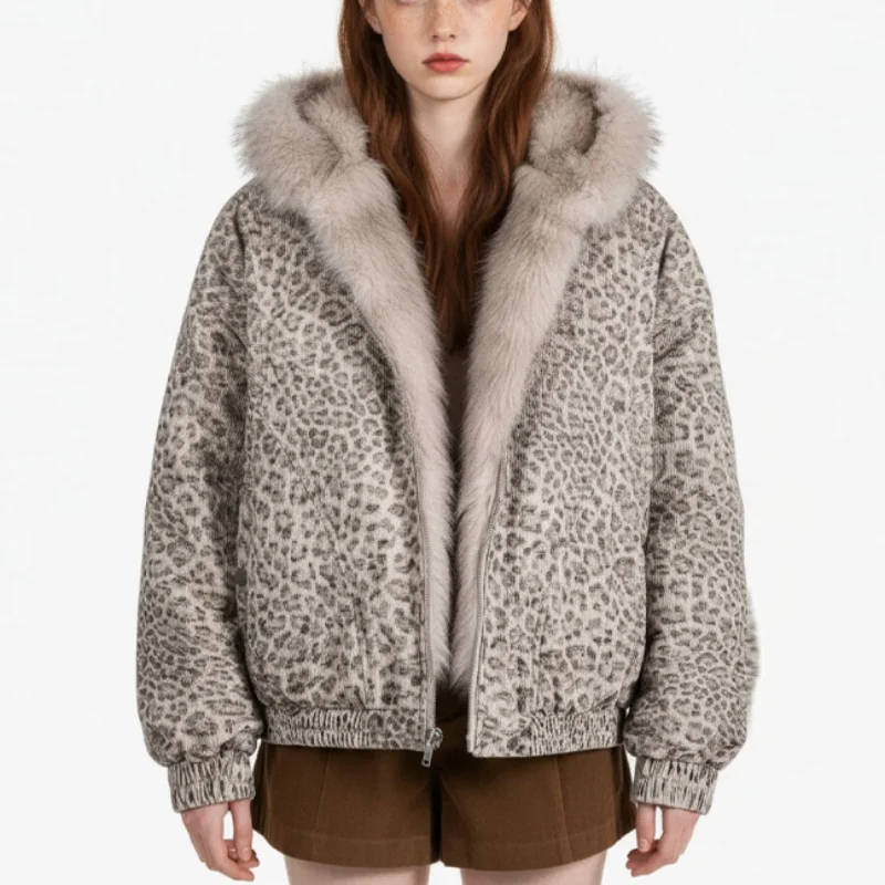 

Retro Edgy Jacket Leopard Print Faux Fur-lined Hooded Female Cozy Jackets Cool Warm Casual Autumn Winter Women Street Chic Wear