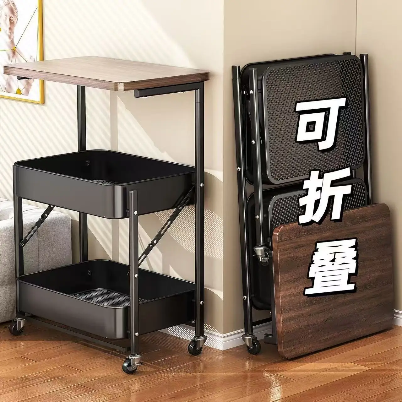 Foldable Rolling Side Table Two-Tier Storage Shelf Carbon Steel Frame Solid Wood Top Compact Square Design Sofa Bedside Study