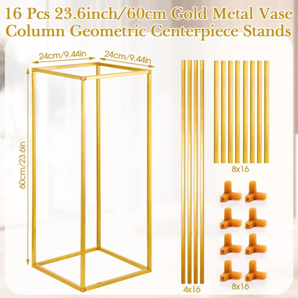 16 Pcs Gold Wedding Flower Stand 23.6'' Metal Flower Stand Tall Centerpiece Vases Floor Wedding Party Decoration Freight Free