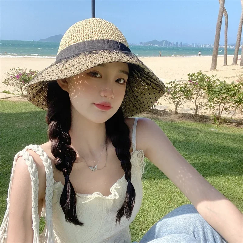 

Sunshade Hat, Foldable Tide, Gauze Straw Hat, Women's Japanese Straw Hat with Large Brim, Beach Outing, Sun Hat