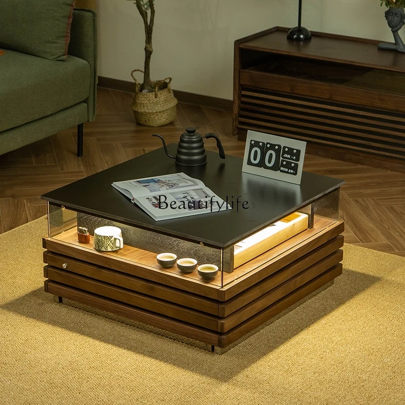 Nordic Stone Plate Coffee Table Solid Wood Luminous Atmosphere Black Walnut Modern Square Minimalist Tea Table