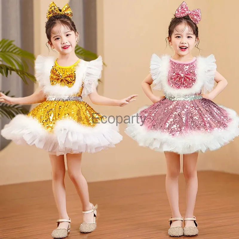 New Girls Sequins Dance Dress Children Pink Mesh Tutu Princess Dress Kids Birthday Wedding Party Dress Up Stage Dance Costume