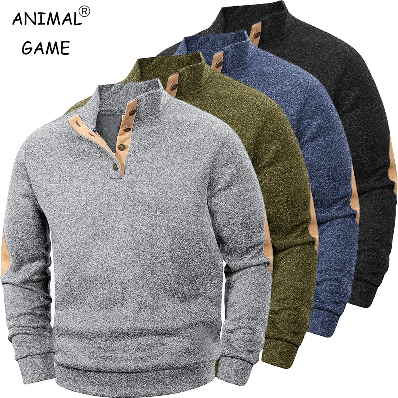 

Мужская повседневная толстовка с длинными рукавами, пуловер на пуговицах-стойке, уличная одежда, легкие дышащие пальто, однотонные топы