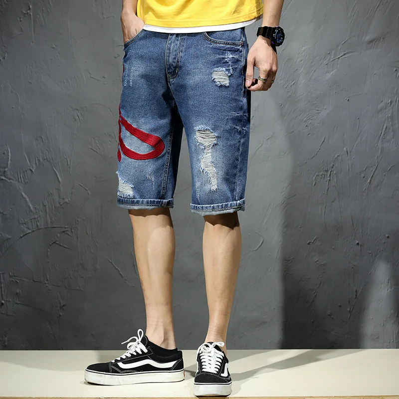 Stitching Embroidery Design Fashion Holes Denim Shorts Men2024New Loose plus Size Summer Cropped Pirate Shorts