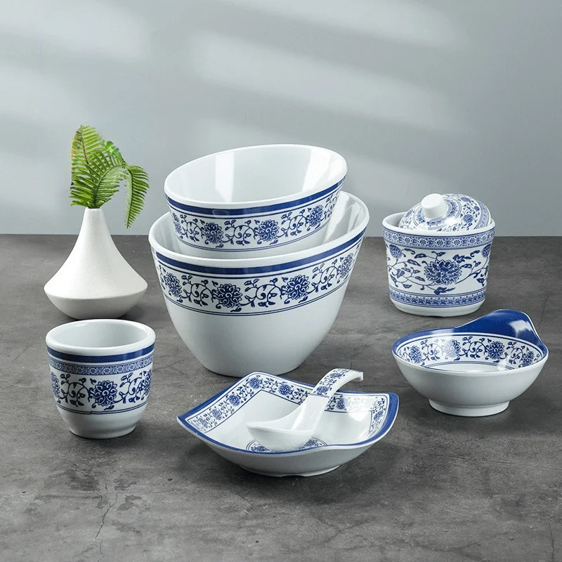 Blue And White Imitation Porcelain Dinner Plates Snack Tray  Soup Rice Bowl Spoon Plastic Creative Hotel Restaurant Sushi Plate