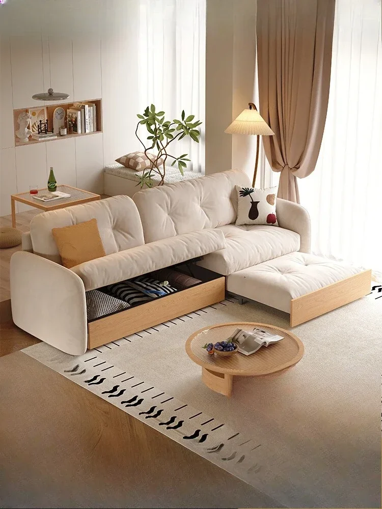 Customized Storage Cloud Sofa Internet Celebrity Small Apartment Living Room Log Wind Fabric Nordic Solid Wood Sofa Bed