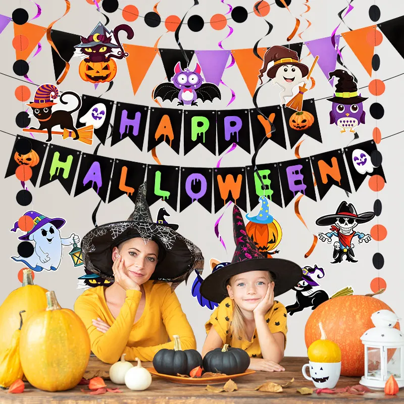 Happy Halloween Banner Swirl Paper Streamer Hanging Pendant Bunting Garland Hang Flower Ball Halloween Party Decoration Supplies