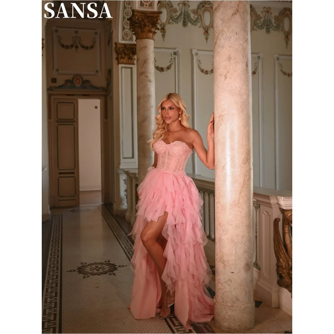 Sansa Customized Pink evening gowns Strapless Beaded‑Corset Layer‑Ruffle‑Tulle High‑Slit High‑Low Maxi‑Length Evening Dress 2026