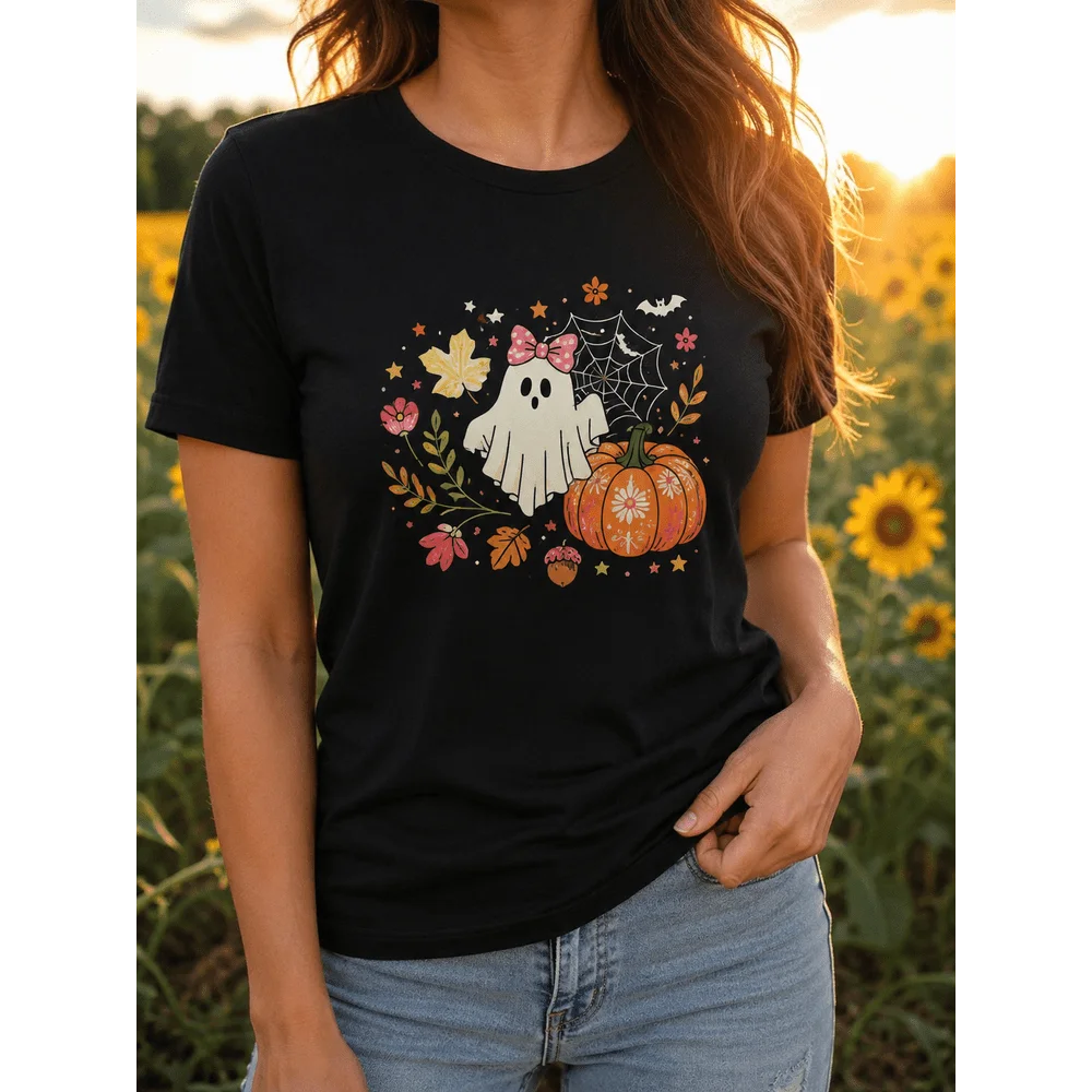 Halloween Ghost Pumpkin Print Women Plus Size Casual Tee, Crew Neck Short Sleeve T-Shirt, Lightweight Loose Fit Loungewear Top For Everyday Outfit