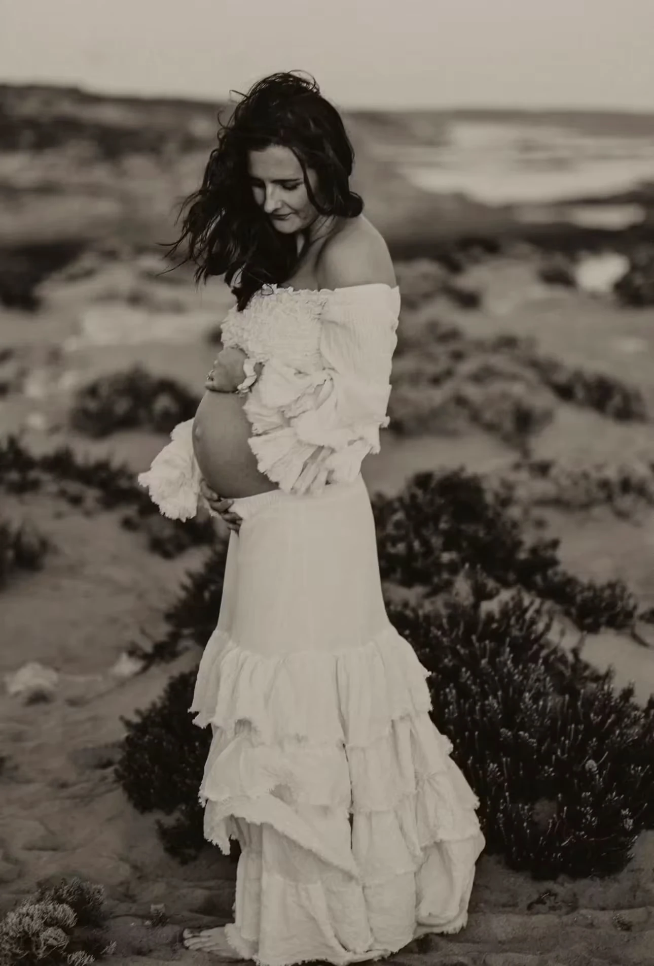 Maternity Photoshoot Dress Shed Gypsy Set Women's Boho Western Two-Pieces Cream Layered Ruffle Maxi Skirt For Pregnancy Session