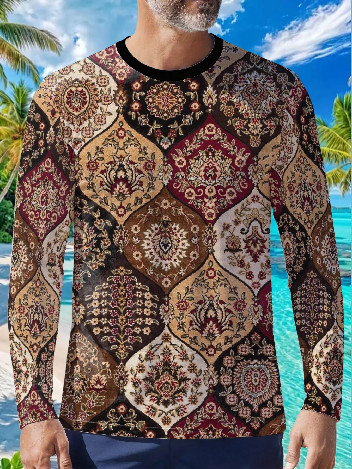 Vintage Ethnic Carpet Floral Boho Mens Polyester Long Sleeve T Shirt Persian Medallion Pattern Print Graphic Tee Casual Winter L