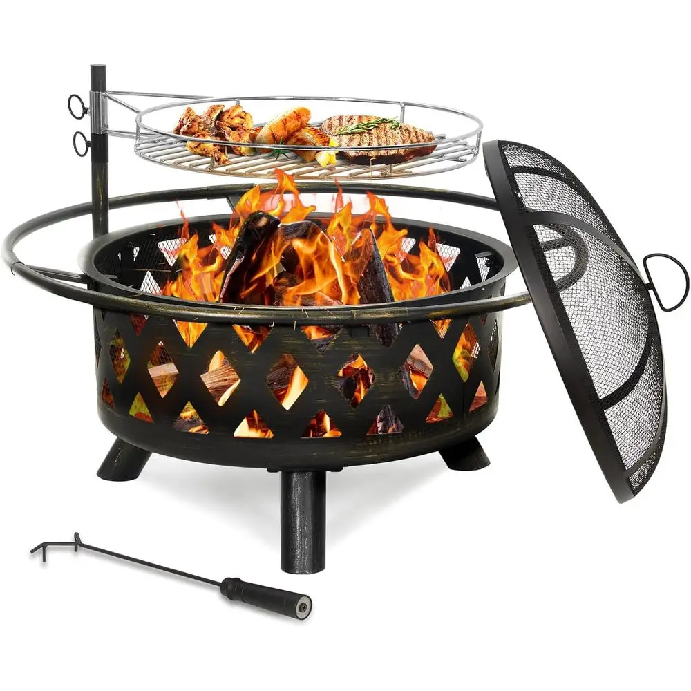 

30in Outdoor Wood-Fired Fire Pit with Swivel Grill, Large Steel Construction, Cooking Grate, and Poker for Patio BBQ and Bonfire