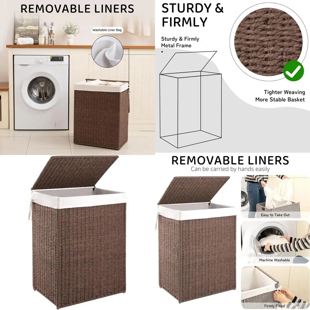 

Большая плетеная корзина для белья на 90 л с моющимся вкладышем и металлическим каркасом, декоративное хранилище для спальни и ванной комнаты