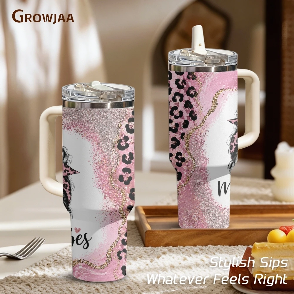 Messy Bun Mama Pink Leopard Glam Vacuum Flasks 40oz 3rd Gen Vacuum Insulated Stainless Steel Tumbler Cup With Handle Straw Lid