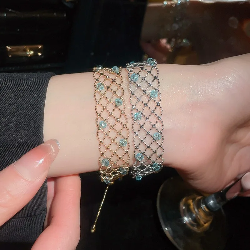 

Minar Fantasy Blue Glass Beads Hollow Out Gridding Wide Charm Bracelets for Women 14K Real Gold Silver Plated Copper Accessories