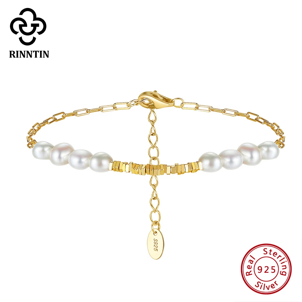Rinntin 14K Gold Plated Exquisite Baroque Pearl Bracelet Paperclip Chain Temperament Simple Charm Bracelet Women's Jewelry GPB37