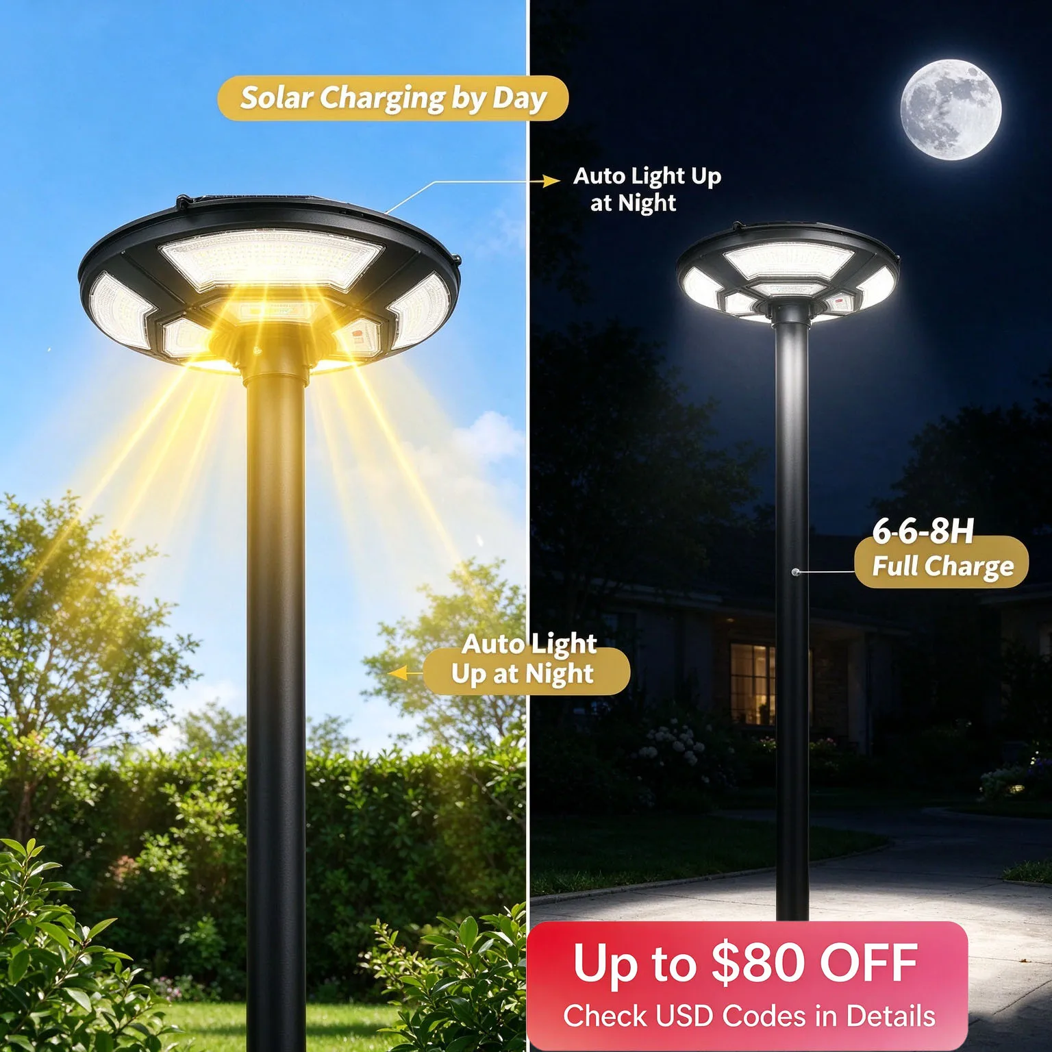 Solar Powered Outdoor UFO Post Light LED Solar Garden Street Light IP65 Waterproof Adjustable Height Pole Remote Control Timer Motion Sensor Auto Dusk to Dawn Lamp for Villa Yard Lawn Walkway