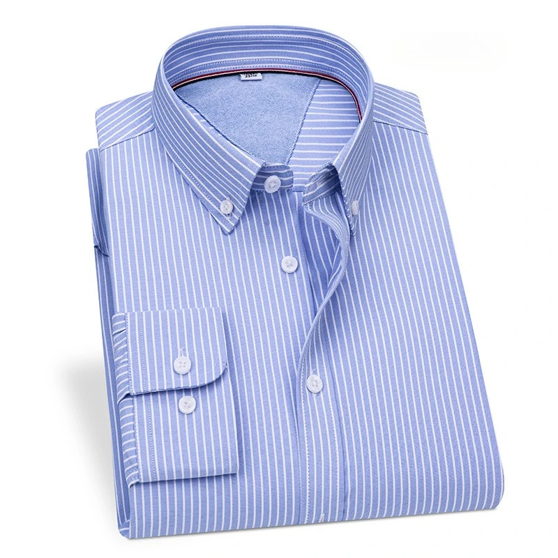 Solid Color Plaid Striped Man Shirts Long Sleeve Cotton White Work Shirt Single Pocket Casual Longsleeve Shirt for Men Slim Fit