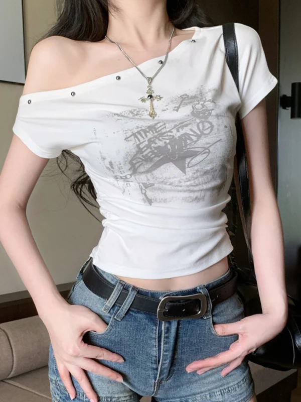 

Unique ort Fit T-irt for Women Sweet And Spicy Girl Design Korean Sle Commute ort Sve One-oulder Summer Top
