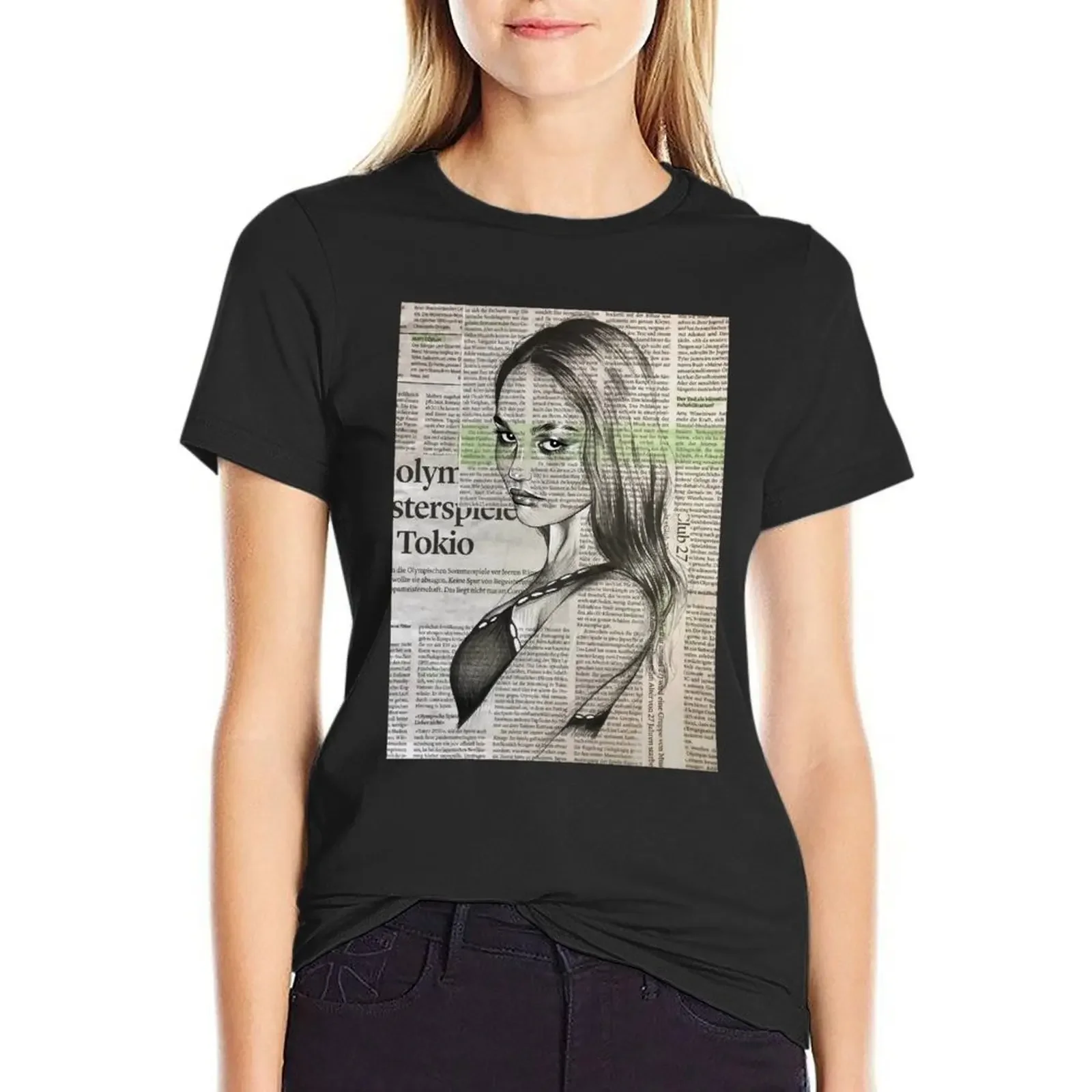 

Lily Rose Depp portrait on newspaper T-Shirt new edition Blouse oversized T-shirts for Women