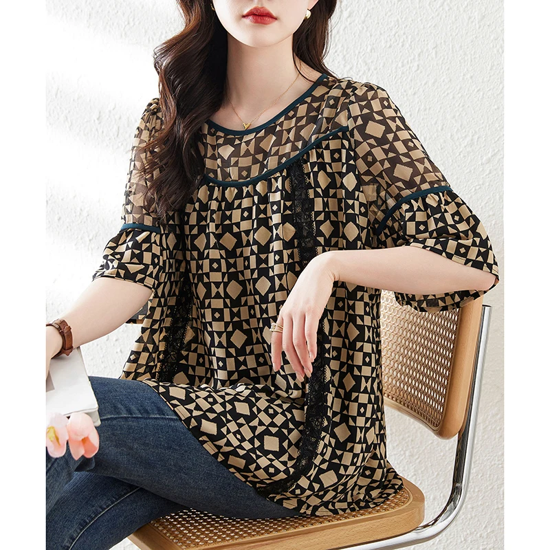 2023 Women\'s Silk O-Neck Flare Sleeve Shirt Summer New Geometric Print Short Sleeve Top Loose Large Slim Long T-shirt