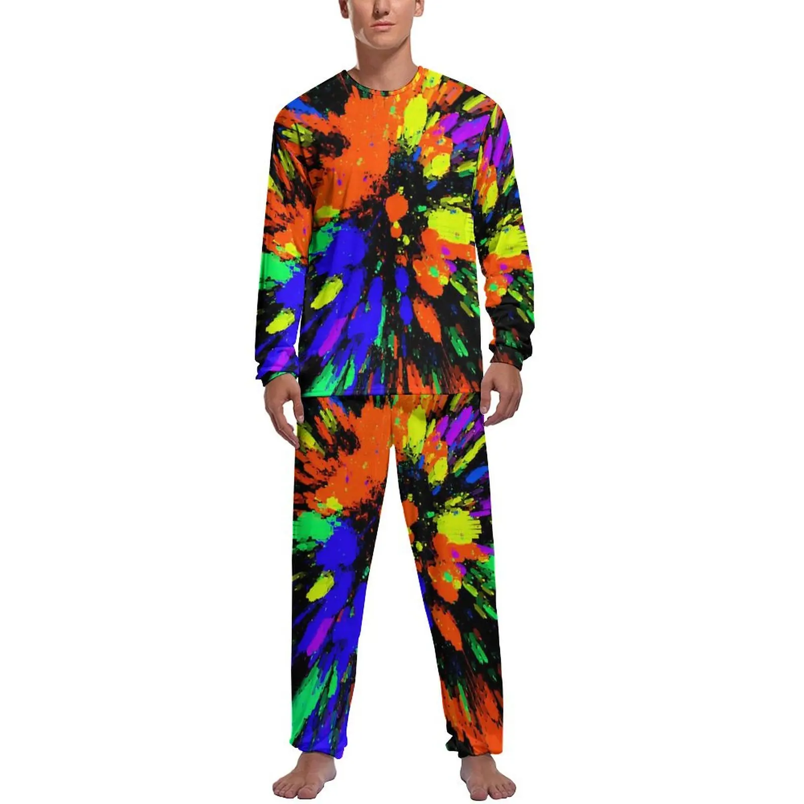 Neon Paint Pajamas Long-Sleeve Blue Purple Green 2 Pieces Aesthetic Pajama Sets Daily Men Design Kawaii Home Suit