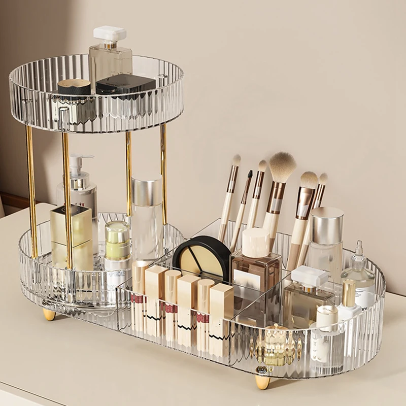 Rotating Makeup Organizer for Vanity, 2 Tier Perfume Cosmetic Skincare Organizers with Makeup Brush Holder Transparent-A27R