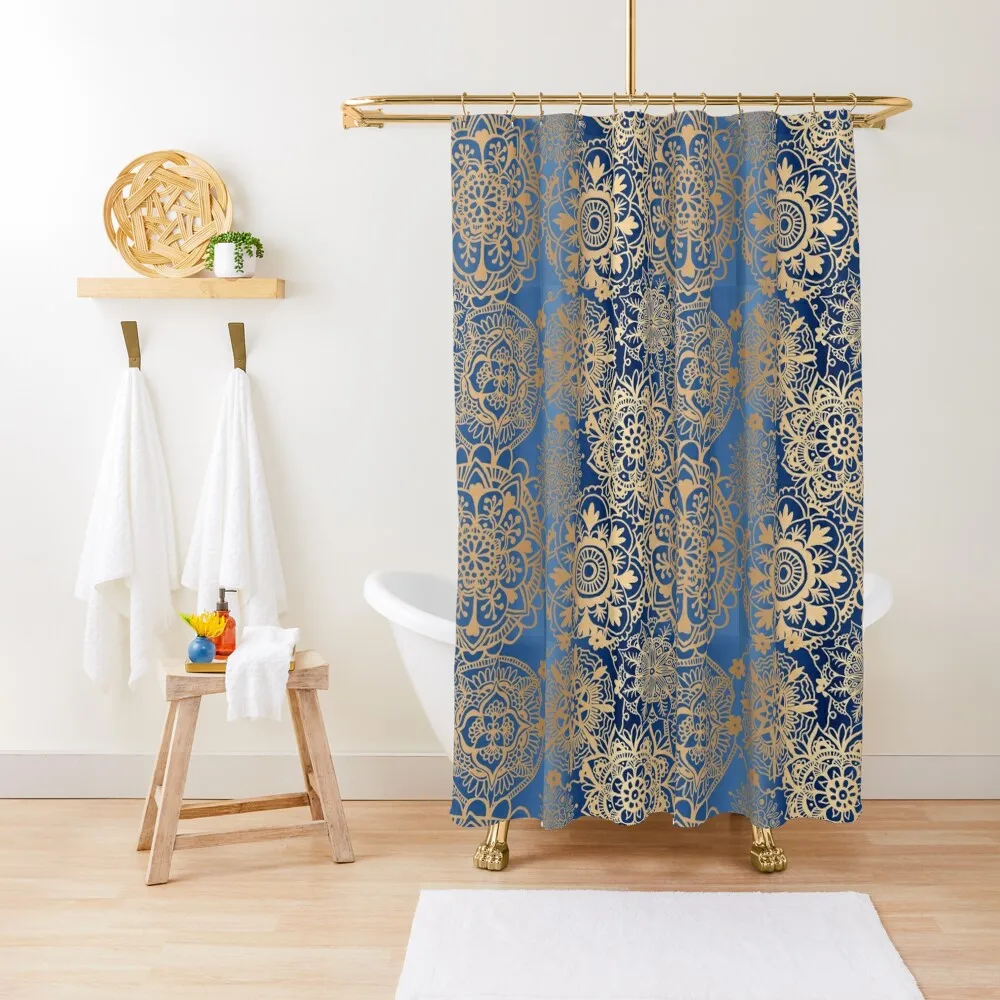 

Blue and Gold Mandala Pattern Shower Curtain Bathroom Accessorys Cute Shower Washable Waterproof Fabric Shower Curtain