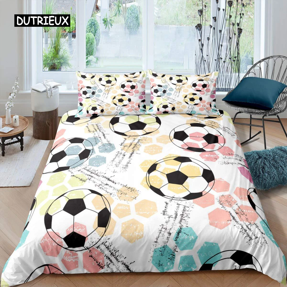 

Football Duvet Cover Set Soccer Ball Pattern Sports Theme Bedding Set Microfiber Colorful Grunge Style Double King Quilt Cover