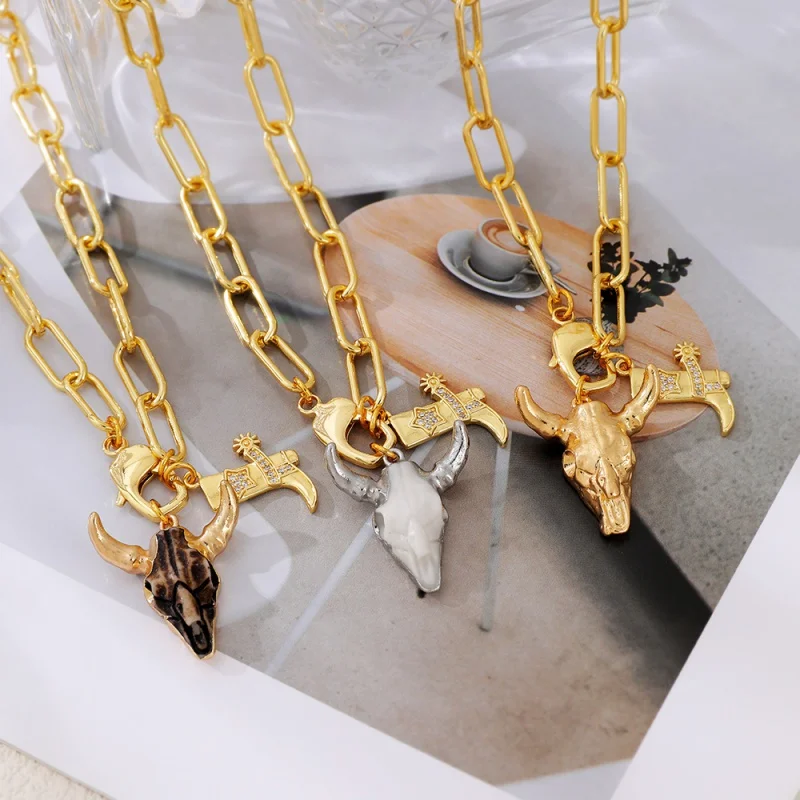 Copper Boots with Zirconia, Bull's Head Pendant, Figure-8 Chain, Lobster Clasp Necklace