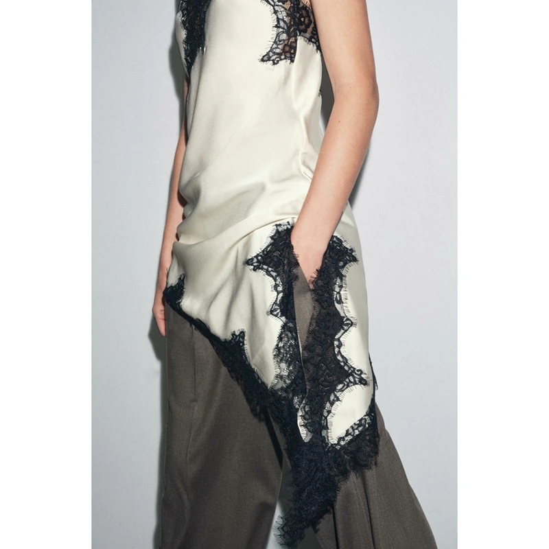 女性用シルクサテンエクストラロングキャミソール、レースアシンメトリーハイロートリムトップス、Y2Kシルキーサイドスリットレイヤリングスリップドレス