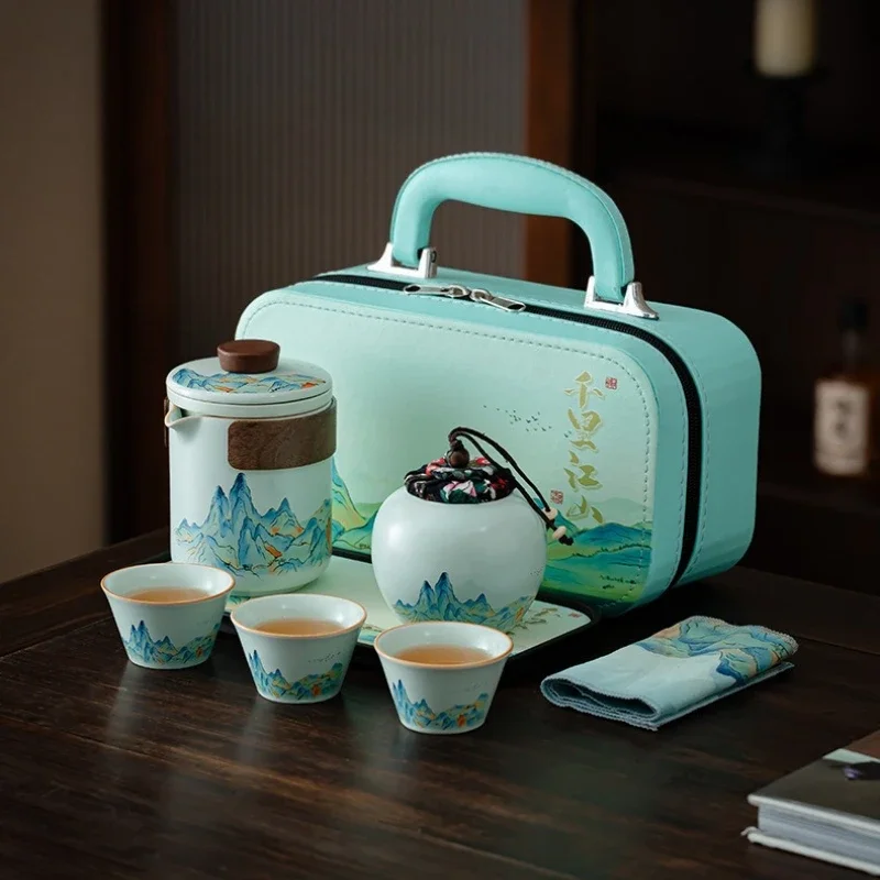 Elegant Thousand Mile Landscape Portable Ceramic Kung Fu Tea Set, Travel Outdoor Mini Teapot Cup, Suitable for Living Room