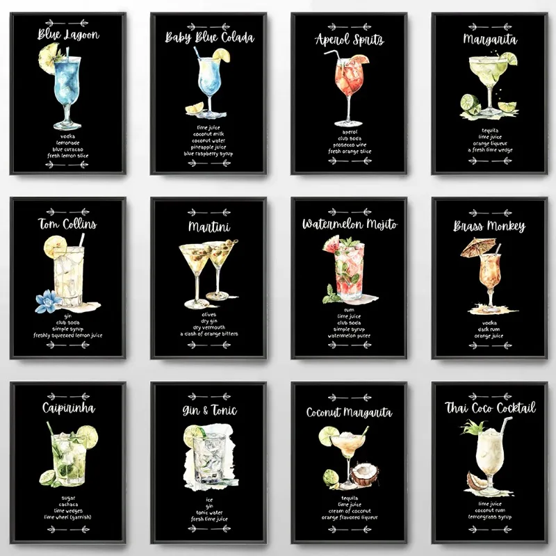 Pósteres coloridos con ilustración de cóctel, sandía, Mojito, coco, Margarita, bebidas, pintura en lienzo, arte de pared, decoración de Bar y comedor
