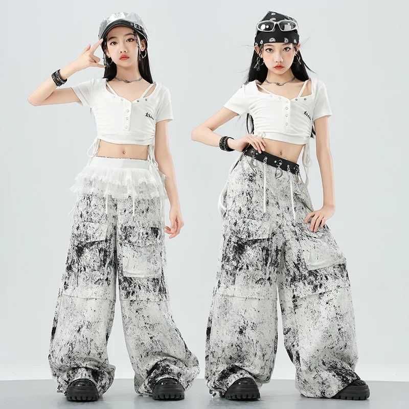 Meisjes K-pop Mode Crop Top Street Dance Losse Splash Inkt Cargo Broek Kinderen Hip Hop Kleding Set Kids streetwear Jazz Kostuum