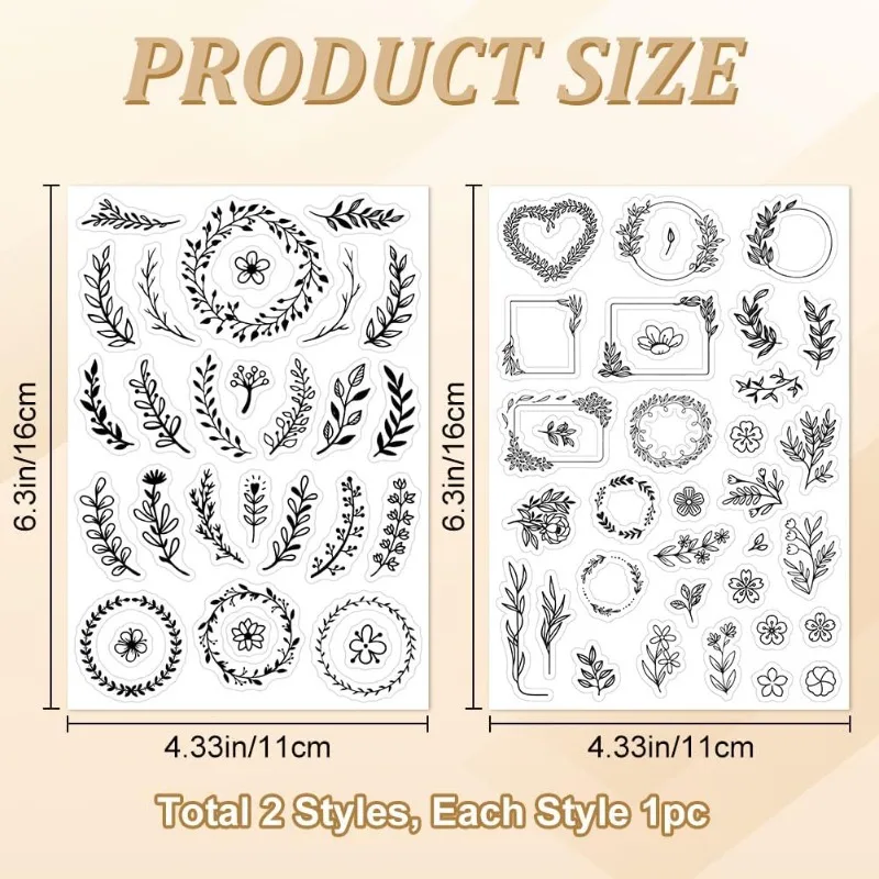 2pcs Olive Leaf Wreath Clear Rubber Stamps Flowers Flame Vintage Reusable Transparent Silicone Stamp Seals for Journaling Card