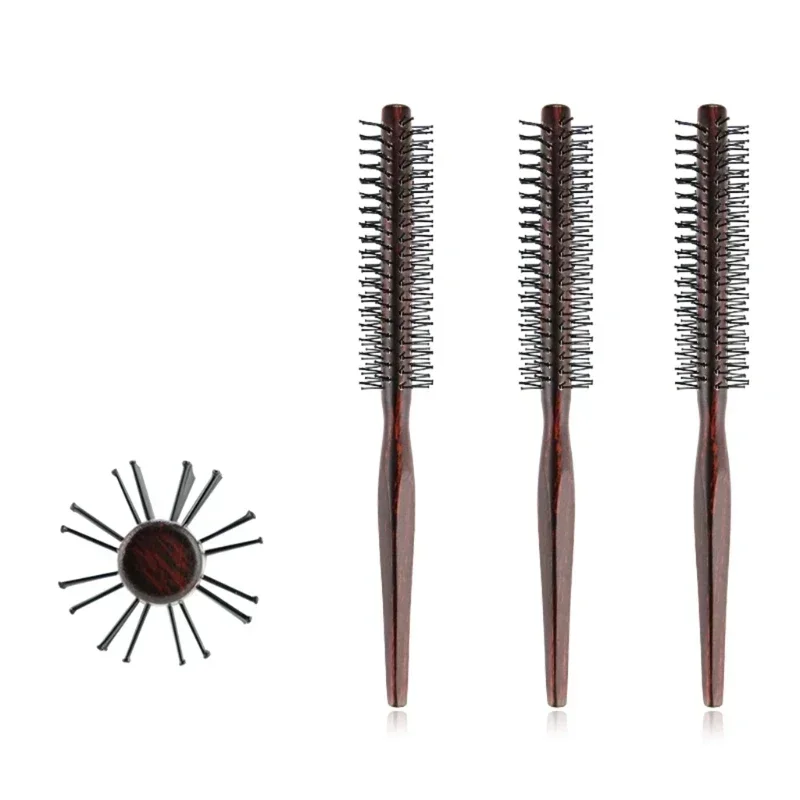 1 Pcs Curly Hair Styling Roller Comb Mini Round Nylon Hair Brush With Wooden Handle For Thin Or Short Hair Men Women Use