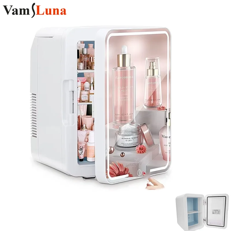 

Mini Fridge Vanity Mirror - 2-in-1 Makeup Mirror with Built-In Cosmetic Cooler, LED Lights & Portable Design for Bedroom, Car