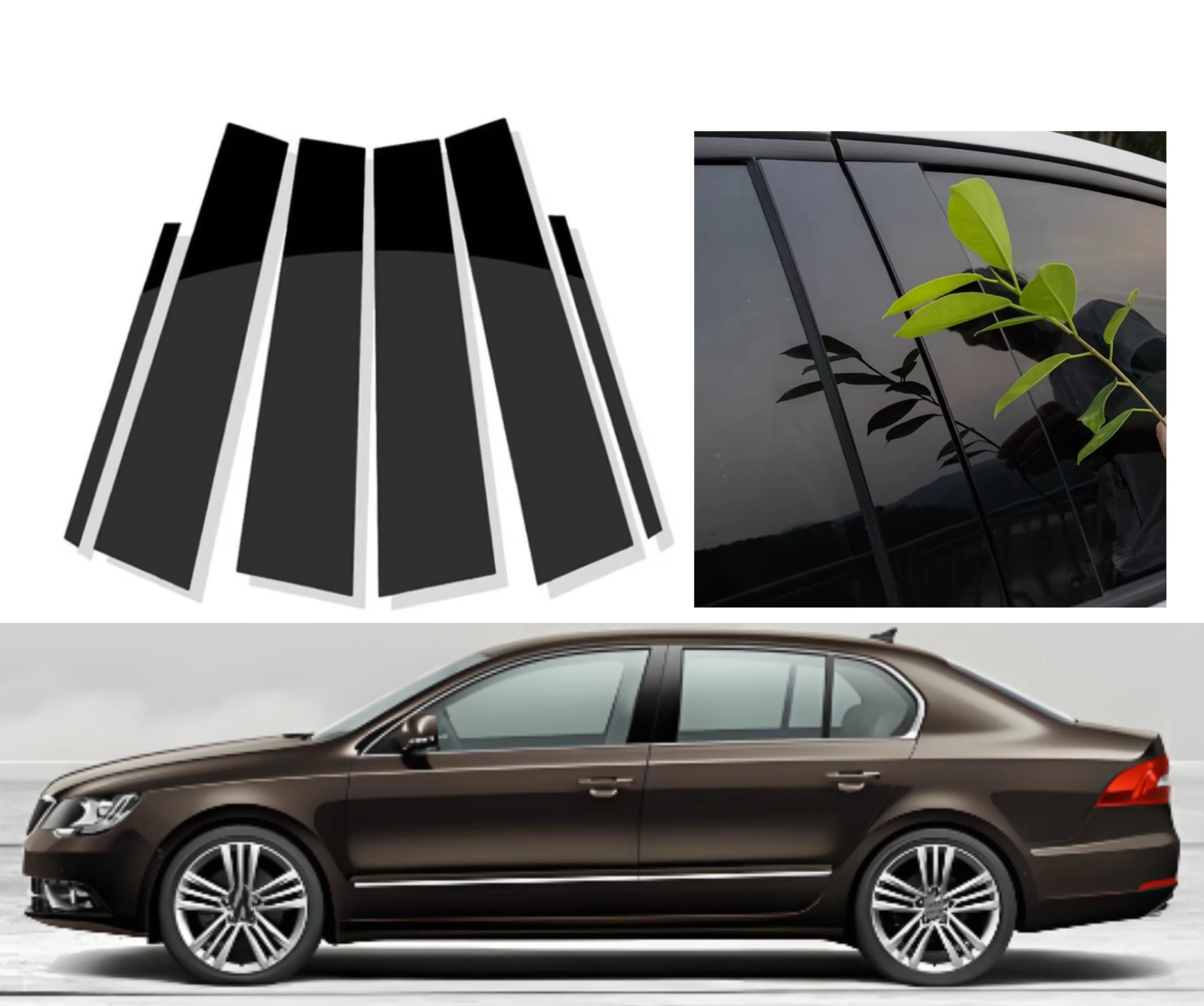 6Pcs Gloss Black Pillar Posts Fit ForSkoda Superb B6 3T MK2 2009 2010 2011-2015 Door Window Trim Molding Cover Exterior Chromium