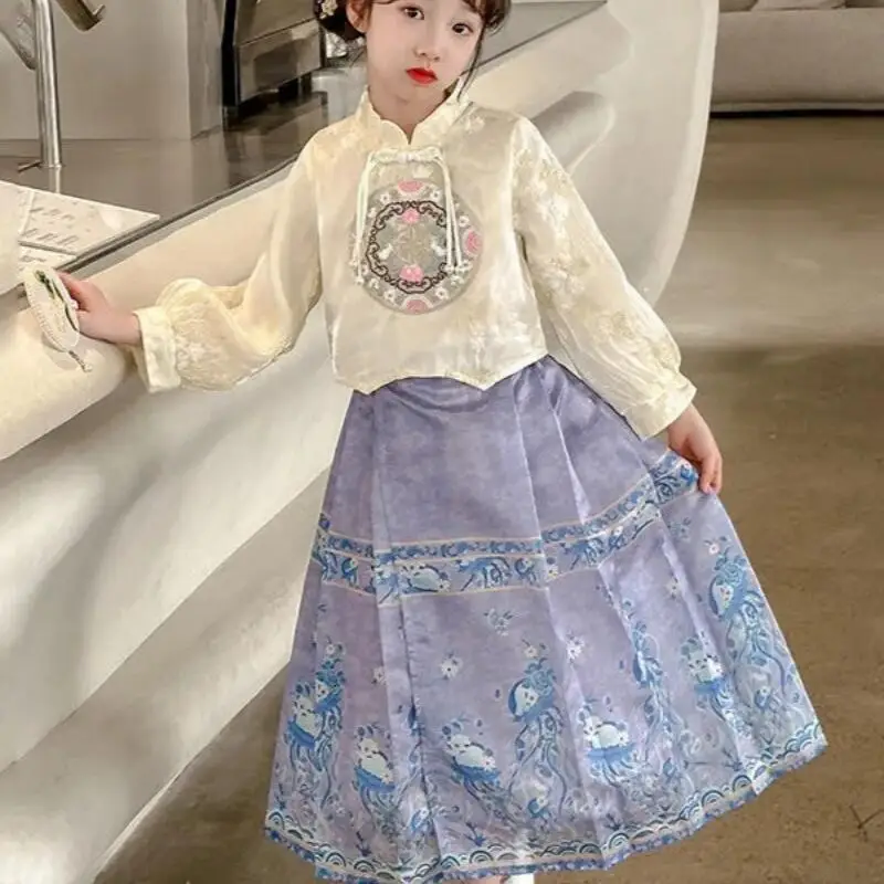 

Kawaii Girl Shirt Skirt Set Fashion Autumn Student Casual Cartoon Tops Pullover Horse-Face Skirt 2-Piece Set Children's Clothing