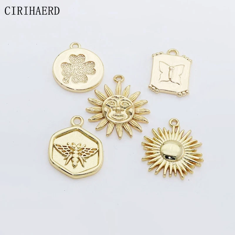 14K Gold Plated Animal Smiley Flower Sun Pendant And Charms For DIY Necklace Jewelry Making Supplies Brass Metal Small Pendants