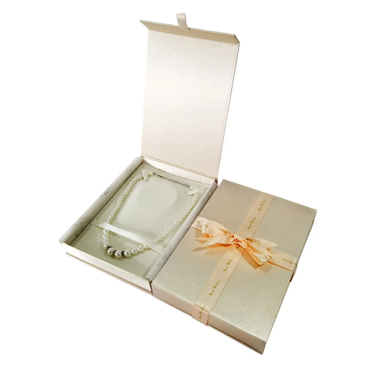 Christmas Gift Packaging Box with Silk Ribbon Necklace Storage Holder New Year Surprise Gift Packaging Supplies White Champagne