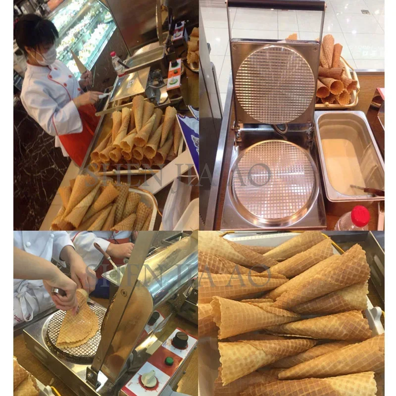 ماكينة صنع الوافل الكهربائية التجارية برأس واحد من الفولاذ المقاوم للصدأ ماكينة صنع الوافل المخروطية على شكل آلة صنع لفائف البيض