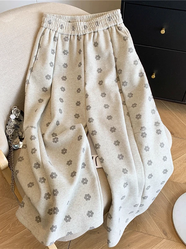 Thi pantalon à jambes larges femme hiver Faion taille haute pantalon à motifs floraux laine dix-huit pouces longue coupe droite