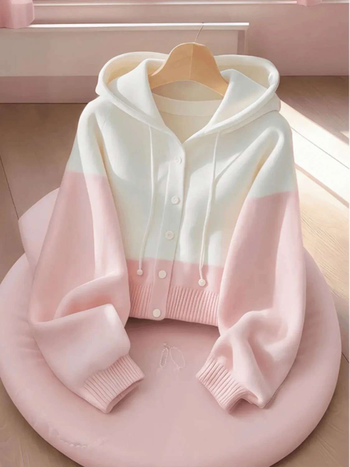 High Quality Korean Pink Patchwork Hooded Sweater Women Soft Wool Cashmere Cardigan Sweet Button Knitted Jacket Autumn Winter