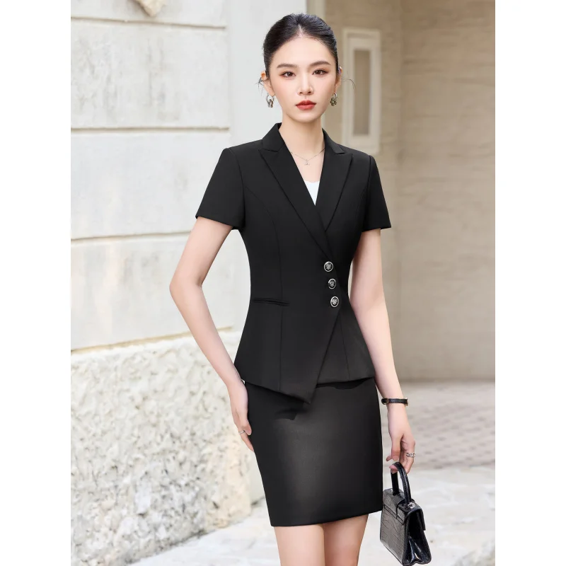 

Женский деловой костюм с короткими рукавами, летний, приталенный, элегантный, профессиональный, модный, для работы, формальный.