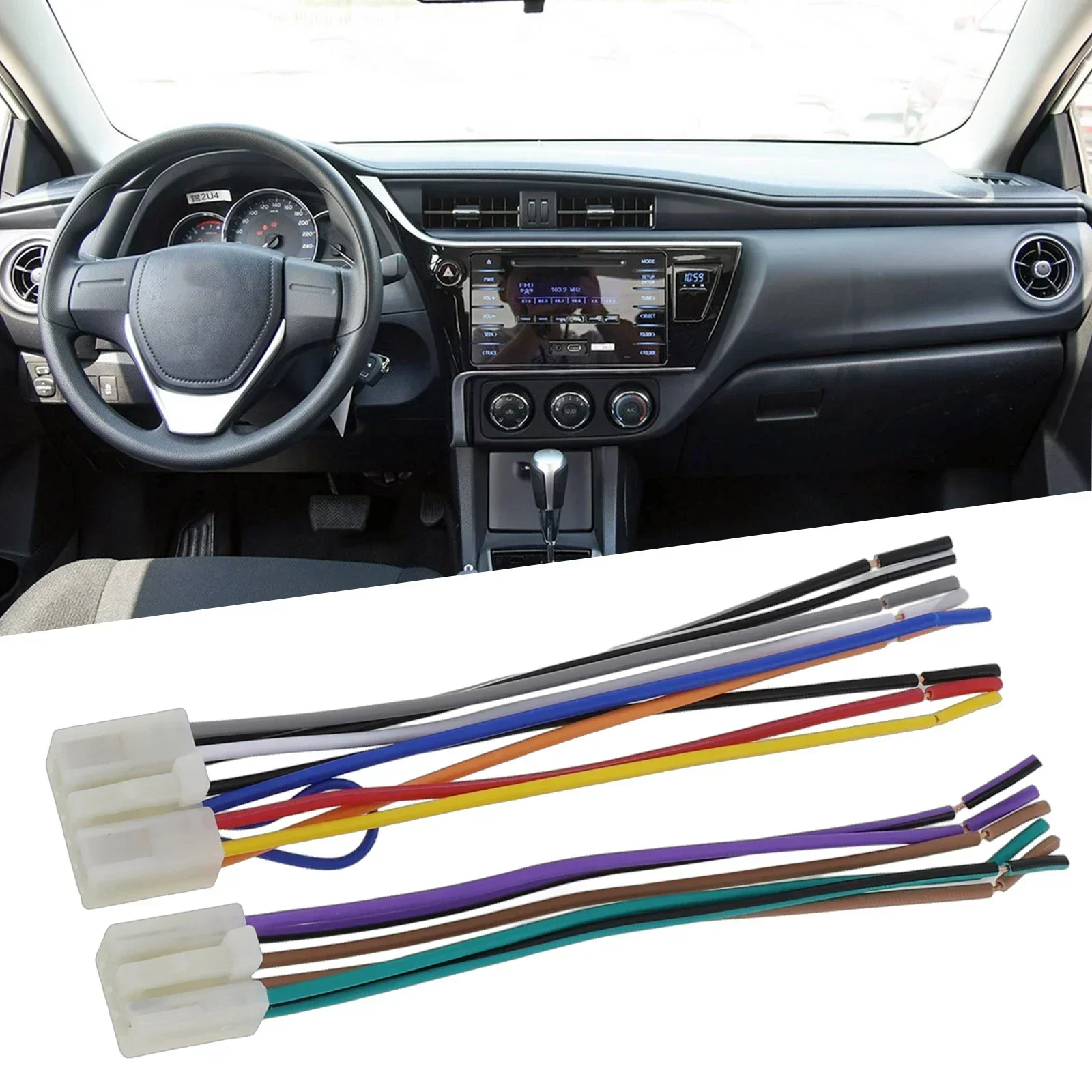 2pcs Car Stereo CD Player ABS Radio Wiring Harness 150mm For Toyota Quick Installation Easy To Use  ABS Black Engine Parts