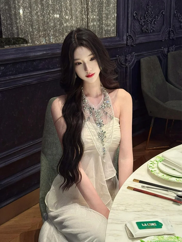 

Изысканный жилет с бриллиантами и ремешками, топ, женская модная тяжелая шифоновая блузка без рукавов, сексуальная блузка с завязкой на талии