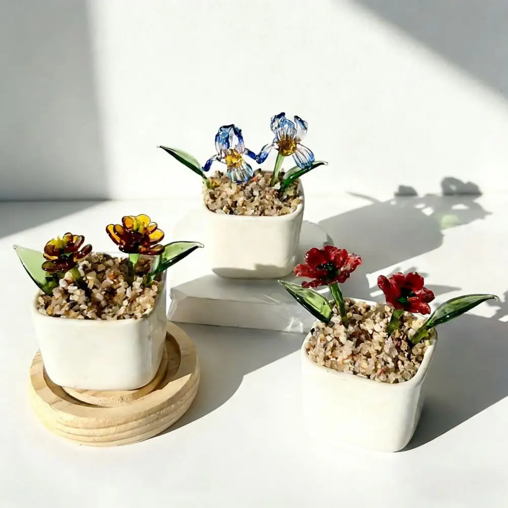 Room Mini Planter Hand Blown Miniature Glass Flower Figurine Blooming Flower Bouquet Pot Collectible Table Decor for Home Indoor