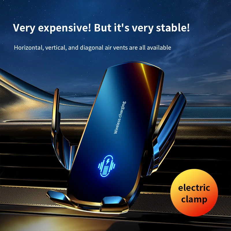 15W Wireless Car Charger with Electric Clamp – Silent Gear, 360° Rot, Built‑in Battery, Anti‑Shake for iPhone & Android