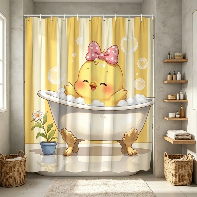 Cute Cartoon Yellow Chick Bath Time Shower Curtain Waterproof Bathroom Decor Funny Kids Shower Curtain
